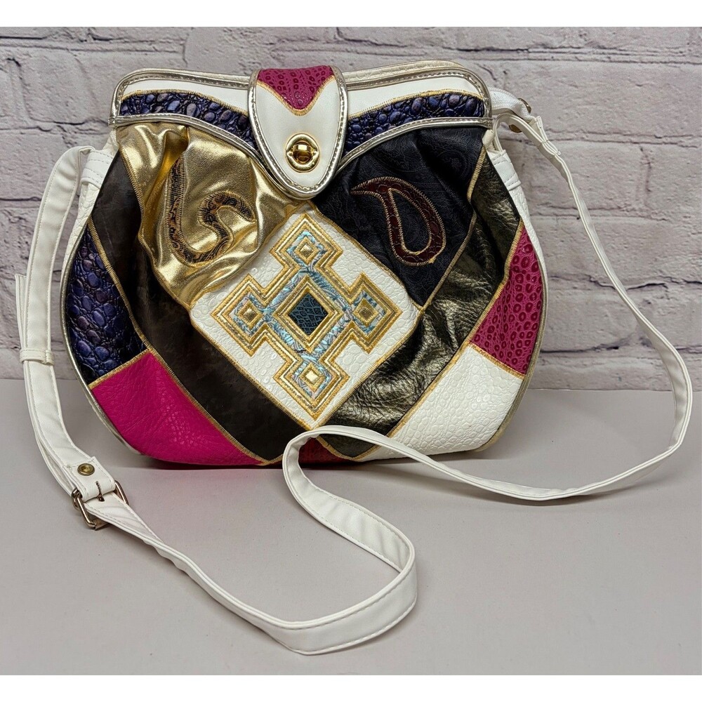 Vtg 80s 90s Purse Patchwork Metallic Animal Print Texture Bold Loud Print White